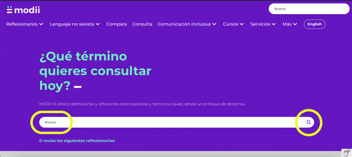 Pantallazo de la página principal de MODII. Una lupa y la palabra buscar están encerradas entre círculos. 