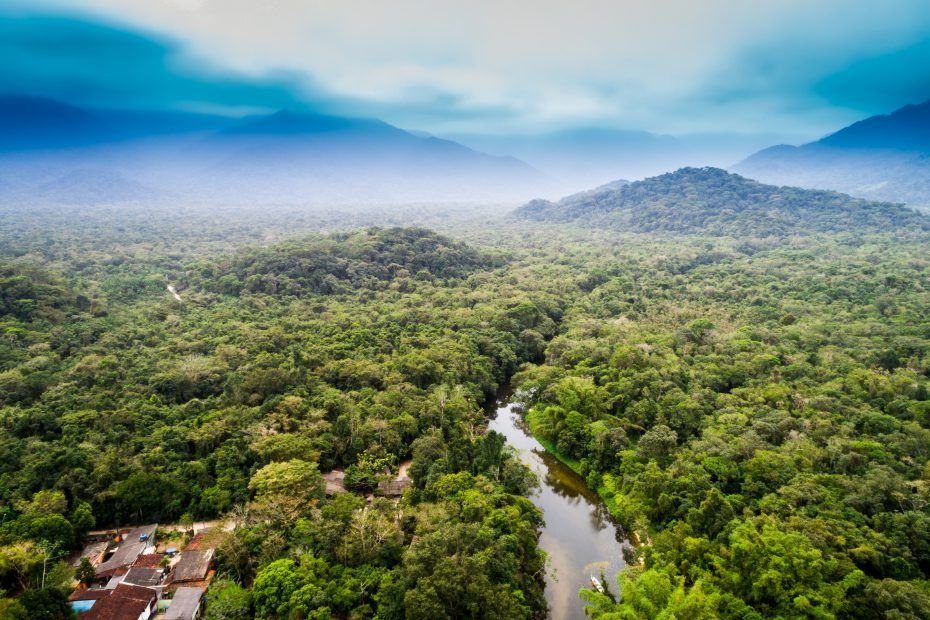 Foto aérea de la selva amazónica. Está el río, árboles y montañas.