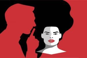 Ilustración del rostro de una mujer de frente. A su lado, está la silueta de perfil de un hombre con el dedo cerca de la boca, con el gesto de hacer silencio.