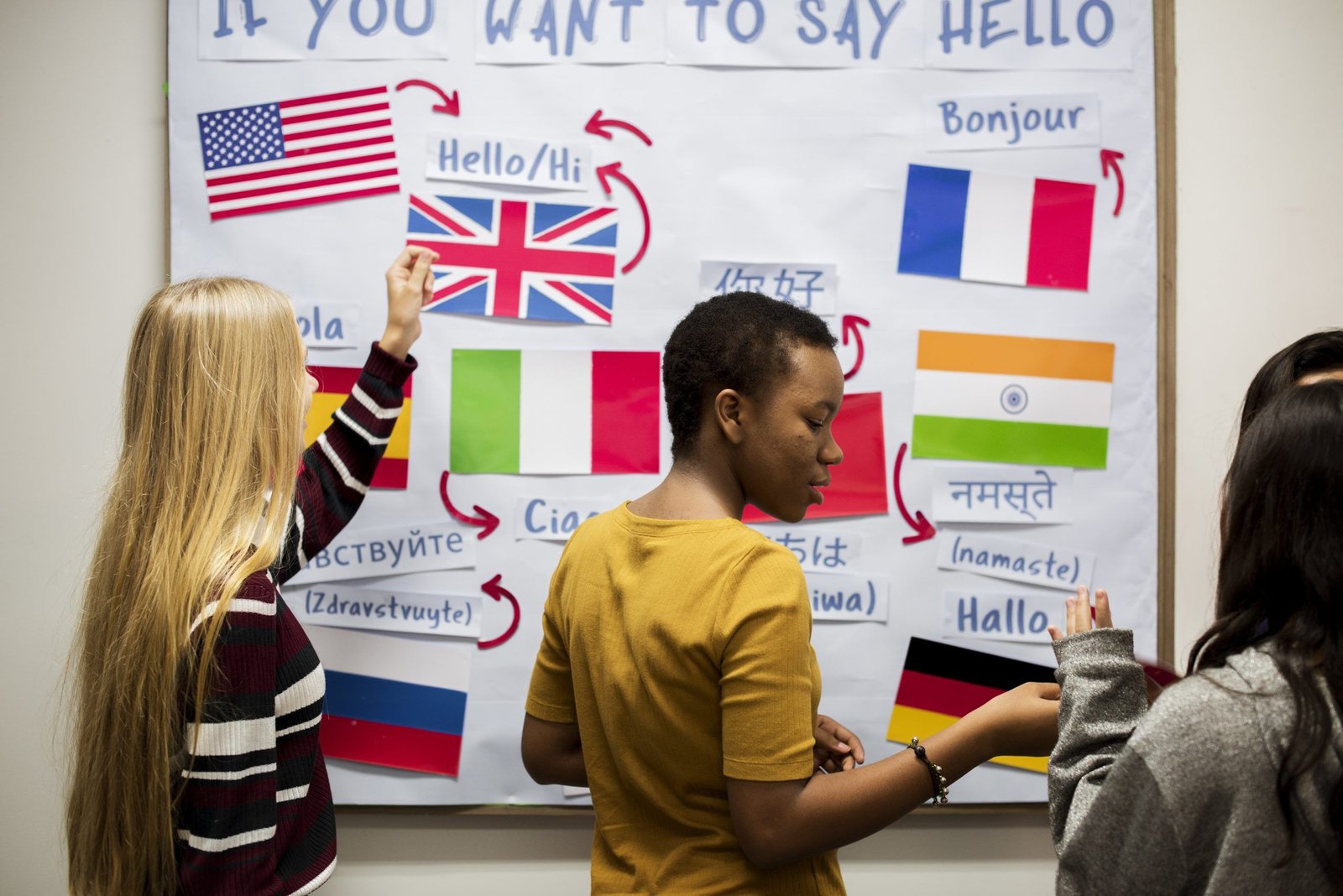 3 personas frente a una pizarra buscan la forma de decir hello en diferentes idiomas