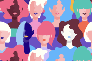 Ilustración de un grupo de mujeres diversas de pie. Sus cuerpos están uno al lado del otro.