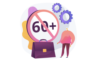 Ilustración de un círculo tachado, con el número +60. A lado la silueta de una persona y un maletín de trabajo.